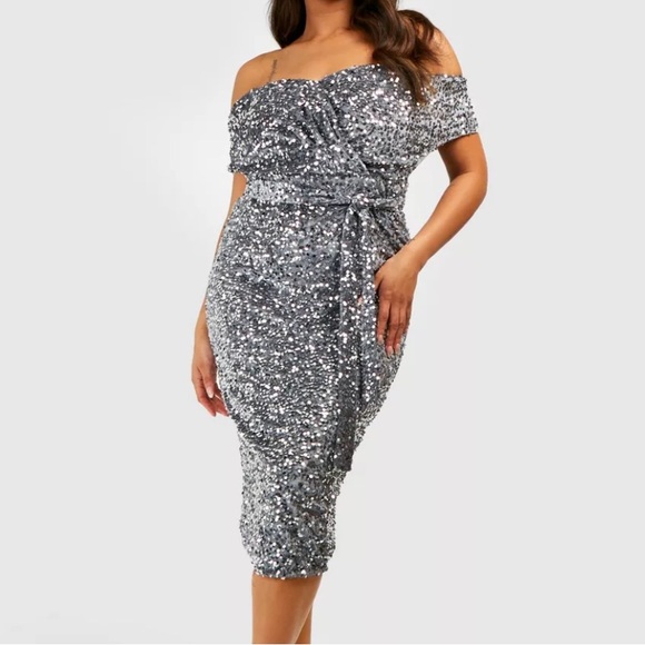 Long Sleeve Midi Dress Glitter Dress Boohoo Dresses Plus Premium Sequin Off  The Shoulder Midi Dress